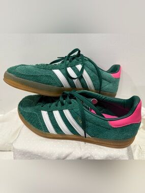 adidas Gazelle Green Suede Sneakers with White Stripes and Pink Heel